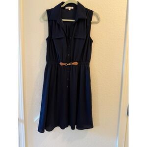 G Collection Womens Dress Sleeveless Button Down Shirt Dress Navy Blue Petite M